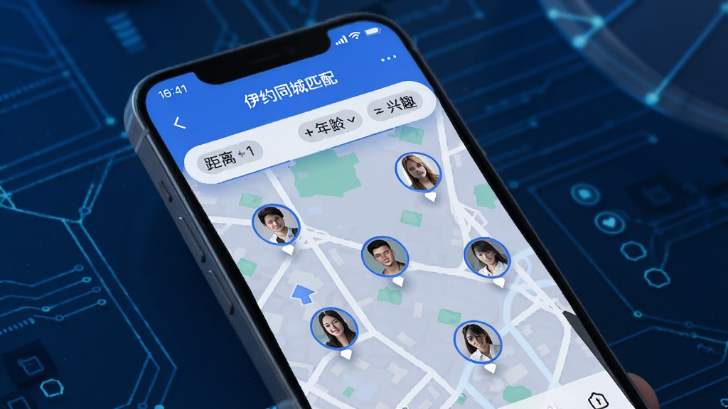 伊约同城匹配功能示意图,手机屏幕显示地图上的用户头像分布,带有筛选条件栏,如距离、年龄、兴趣标签,界面清晰直观,科技感风格,蓝色调为主,画质高清,无多余元素