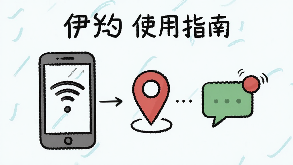 伊约使用指南插图,展示手机连接网络、定位图标、消息通知符号,背景简洁,手绘风格,清晰易懂,画质干净