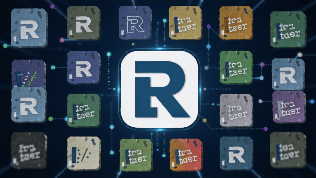 一幅展示R语言扩展包仓库的示意图,中央为R标志,四周环绕各种包图标,风格现代科技感,背景深蓝色,画质高清,突出R语言生态,无多余元素