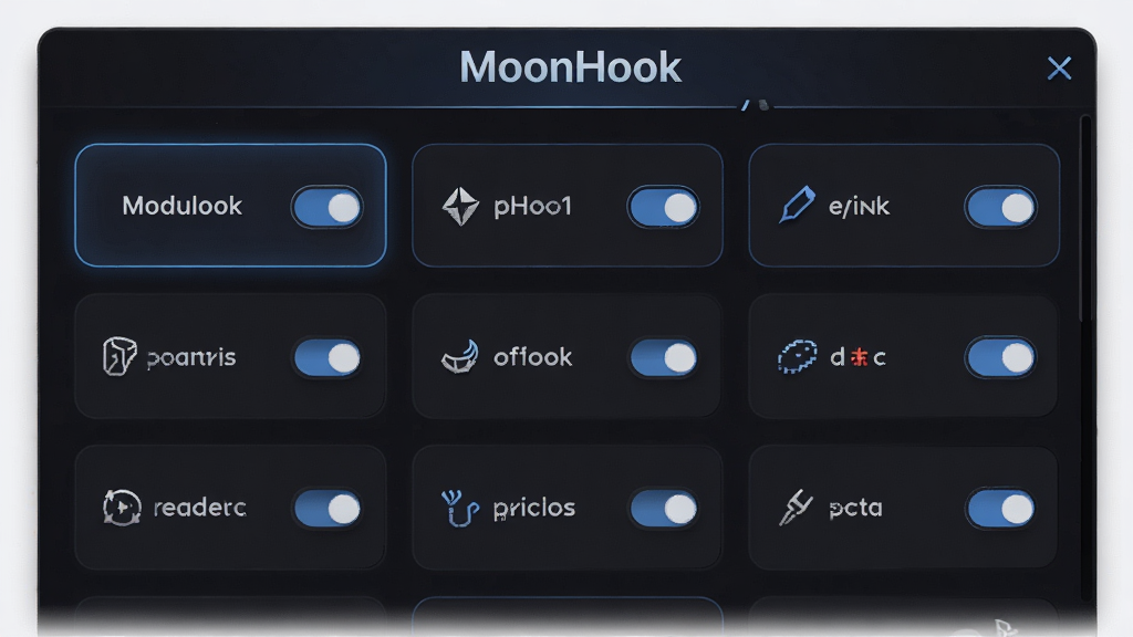 MoonHook主界面展示,深色主题,顶部有“MoonHook”字样的应用栏,下方是模块列表,每个模块带开关按钮,背景干净整洁,界面布局清晰,科技感风格,高清渲染,画质干净,无多余元素