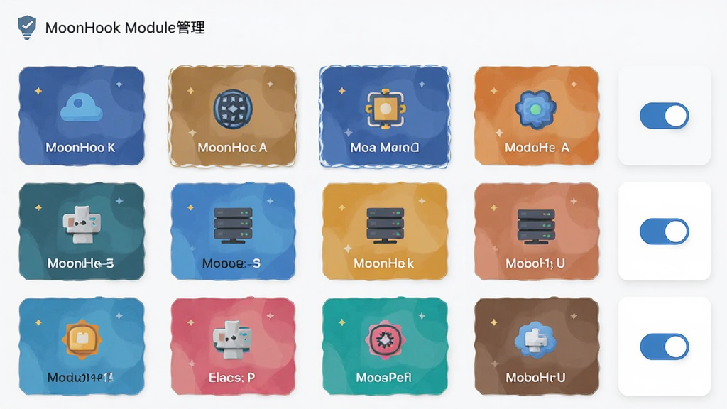 MoonHook模块管理界面,列表显示多个模块图标与名称,每个模块右侧有开关切换按钮,界面采用卡片式布局,浅色背景,图标色彩丰富,布局整齐,现代扁平化设计风格,高清画质,干净无多余元素