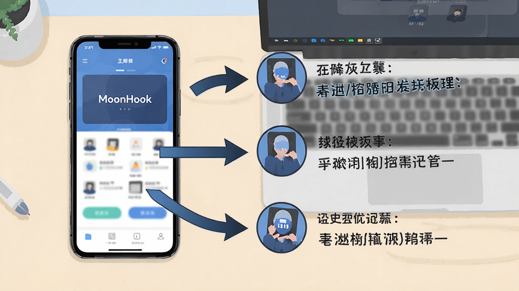 MoonHook使用教程图示,手机屏幕显示软件主界面,旁边有箭头指示操作步骤,背景为浅色工作台,包含手机和电脑,构图清晰,教程风格插画,高清画质,干净无多余元素