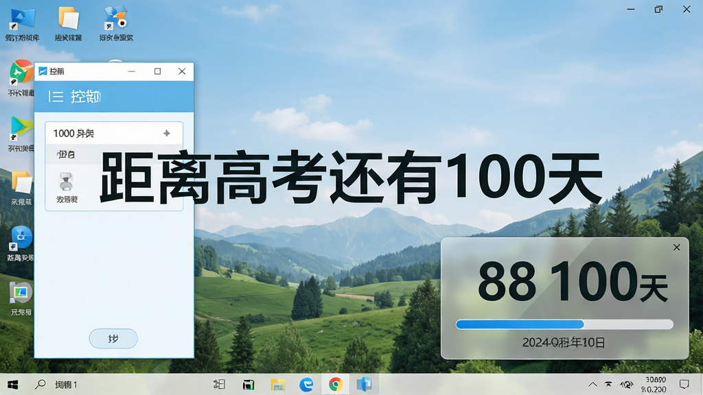 主体:桌面倒计时软件在Windows桌面上的运行界面,中央显示醒目的倒计时数字“距离高考还有100天”。布局:左侧为简洁的软件控制面板,右侧大面积桌面壁纸,倒计时小组件悬浮于右下角,半透明玻璃质感。排版:数字采用大号无衬线字体,下方配有进度条与日期提示。风格:现代扁平化,浅蓝与白色调,干净明亮。细节:桌面背景为自然风景,图标排列整齐,无多余窗口。画质:高清,透视正确,光影自然,干净,无多余元素。