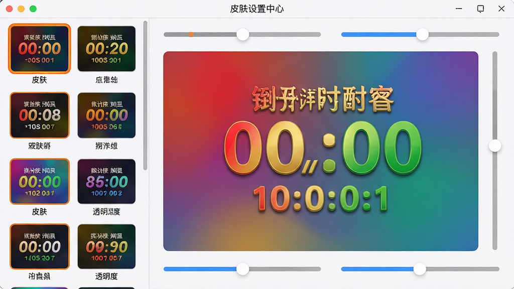 主体:桌面倒计时软件皮肤设置中心,左侧为皮肤列表缩略图,右侧为实时预览区。布局:预览区展示不同字体与颜色组合的倒计时样式,背景为渐变色。排版:皮肤缩略图纵向排列,每个缩略图下方标注名称。风格:多彩活泼,展示红色、金色、绿色等不同数字风格。细节:当前选中皮肤有橙色边框,预览区周围有调节亮度与透明度的滑杆。画质:高分辨率,UI渲染细腻,颜色过渡平滑,干净,无多余元素。