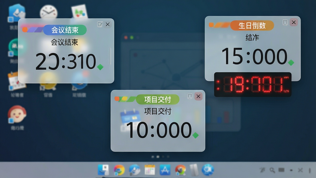 主体:桌面倒计时软件同时运行多个倒计时的桌面截图,分别显示“会议结束”、“项目交付”、“生日倒数”三个悬浮窗。布局:三个半透明小部件分布在屏幕不同位置,每个上方有彩色标签条。排版:数字字体大小适中,标签名称使用中文。风格:商务简洁风,透明度20%,不影响桌面图标阅读。细节:其中一个倒计时即将结束,数字呈红色闪烁状态。画质:清晰锐利,玻璃拟态效果,光效自然,干净,无多余元素。