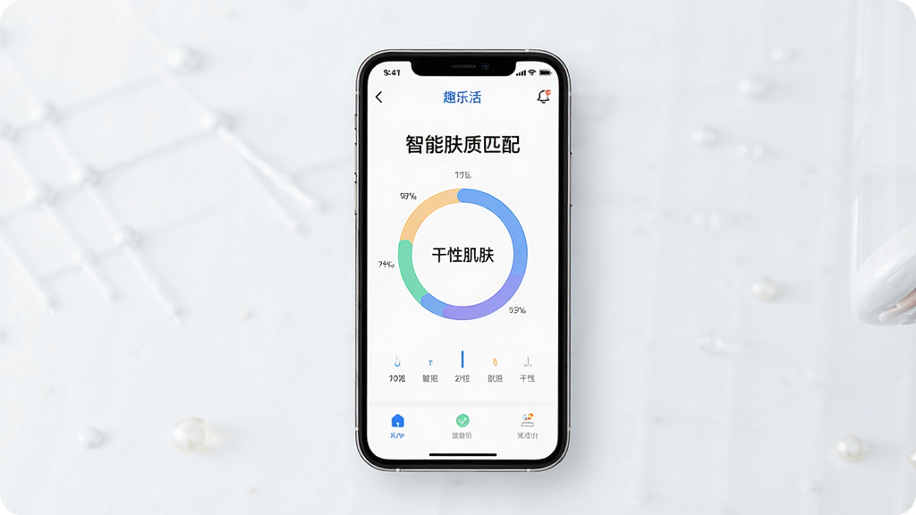 智能手机屏幕展示趣乐活APP肤质测评界面,界面风格简约现代。手机置于浅色背景中央,屏幕内显示