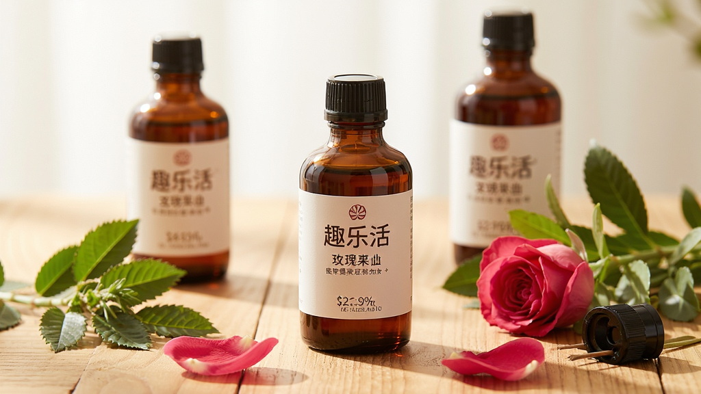 一张展现自然光线下,木桌摆放着深色玻璃瓶的趣乐活玫瑰果油、新鲜玫瑰花瓣与绿色植物的高清产品场景图。画面主体为正中位置的果油瓶,标签清晰印有中文