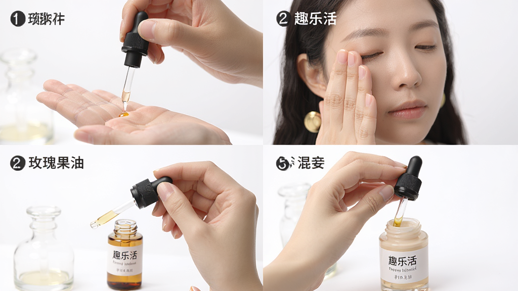 一系列步骤图拼接的教程长图,展示趣乐活玫瑰果油的不同用法,如手心滴取、按摩面部、混合乳液。图片背景简洁明亮,主体为双手与玻璃滴管瓶,标注