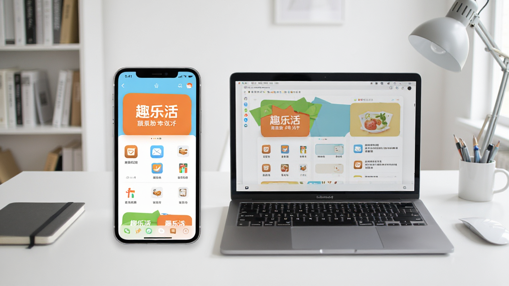 一张智能手机与笔记本电脑并排摆放的俯视图,屏幕中同时显示趣乐活应用界面,背景为简洁书房环境。画面主体突出跨设备使用场景,布局为对称式构图,风格生活化,细节展示设备屏幕内容,画质明亮干净无多余元素。