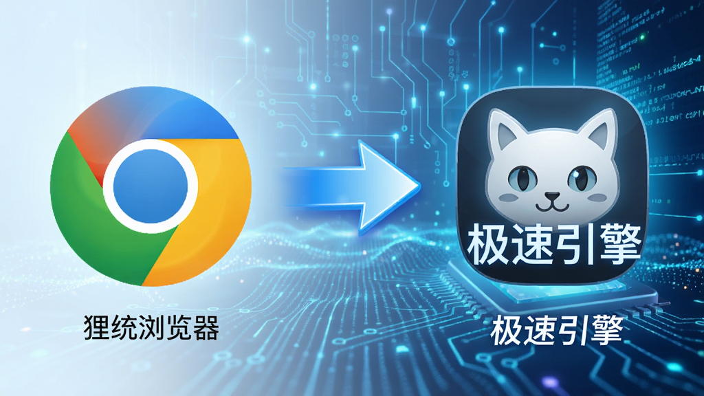 狸猫浏览器(Leocat)性能对比图表样式预览图,左侧为传统浏览器图标,右侧为狸猫浏览器图标,中间用箭头连接,右侧配有“极速引擎”字样,背景为科技感线条与数据流动效果,整体风格明亮现代,画质清晰,排版对比鲜明,无多余元素