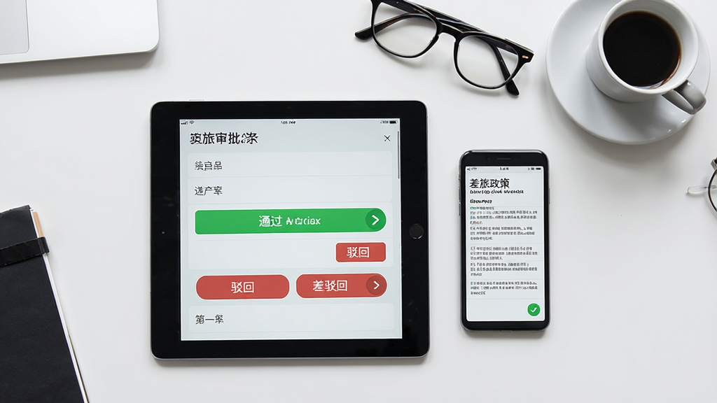 一张平板电脑与手机并排的俯拍图,平板屏幕上显示审批列表,带绿色