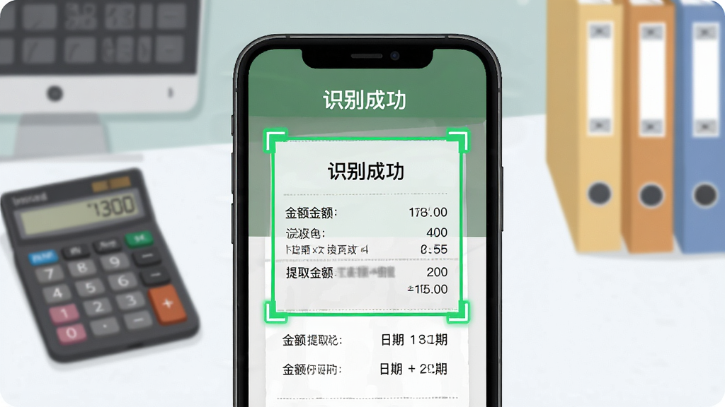 一张手机扫描发票的动效图,屏幕中一张餐饮发票被绿色边框框选,顶部有