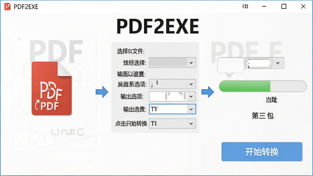 展示PDF2EXE软件的操作流程,分为三个步骤:第一步选择PDF文件,第二步设置输出选项,第三步点击“开始转换”按钮。画面中有一个明显的进度条,界面文字清晰标注“PDF2EXE”,风格简洁明亮,画质干净