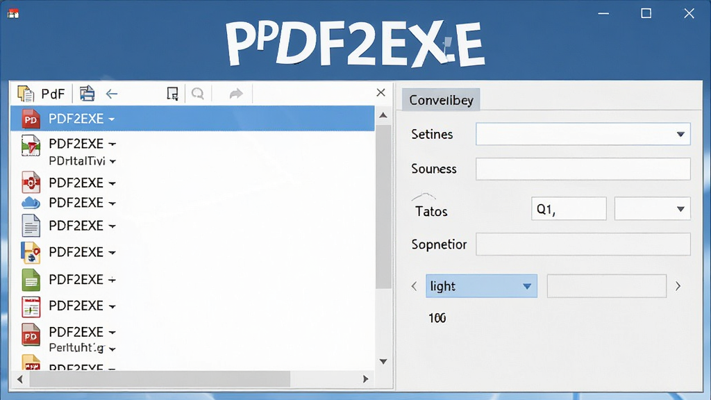 一张展示PDF2EXE主界面的截图,界面简洁清晰,左侧为PDF文件列表,右侧为转换设置选项,窗口上方有醒目的软件名称“PDF2EXE”,整体风格现代商务,干净无多余元素,画质高清