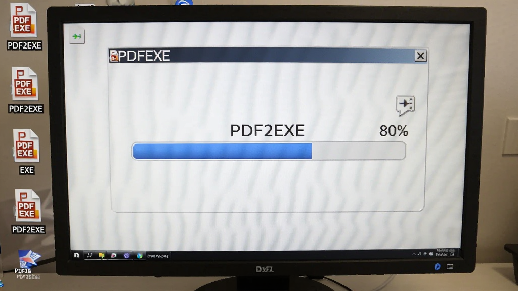 一张电脑屏幕的实拍图,屏幕上显示PDF2EXE正在转换文件,进度条已走到80%,桌面上有多个生成的EXE文件图标,标注“PDF2EXE”,整体环境明亮清晰,画质真实