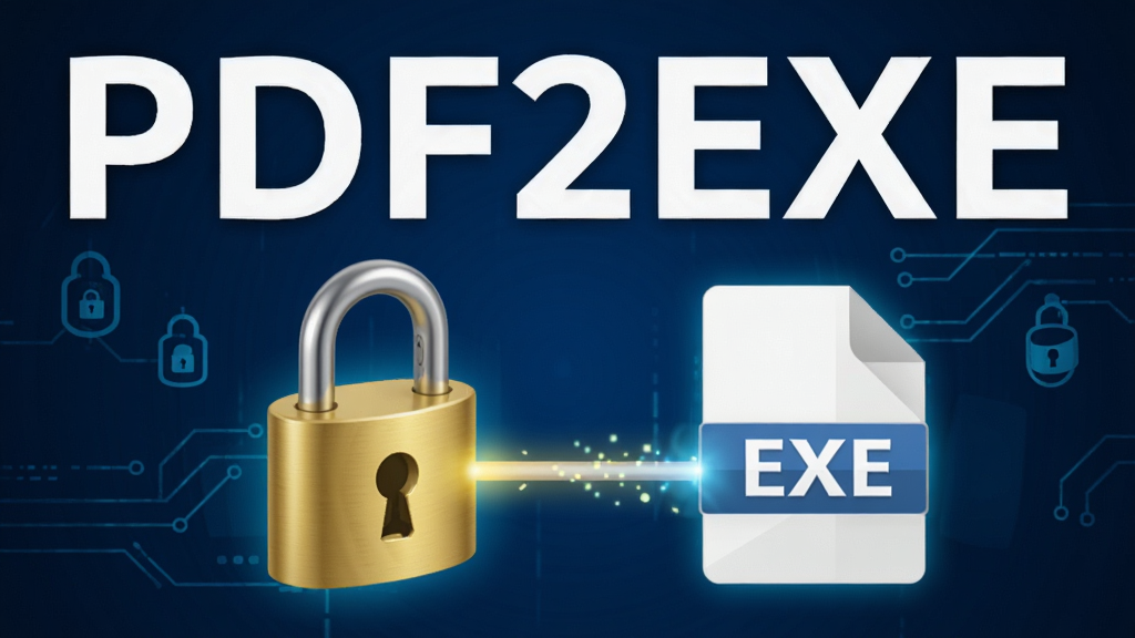 一张展示PDF2EXE文档保护功能的示意图,画面上有一把金色锁头,旁边是PDF和EXE两种文件格式的图标,锁头与EXE文件相连,背景为科技感蓝色,突出安全属性,文字标注“PDF2EXE”,风格专业商务,画质精细