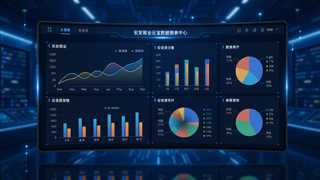 主体为安发展业云宝的数据报表中心界面,屏幕上展示多种彩色统计图表,包括折线图、柱状图和饼图,数据数字清晰可见,背景为深蓝色科技感环境,有光效点缀,布局为中央大屏显示,排版规整,风格科技商务,细节包括数据标签和工具栏,画质锐利,干净无多余元素。