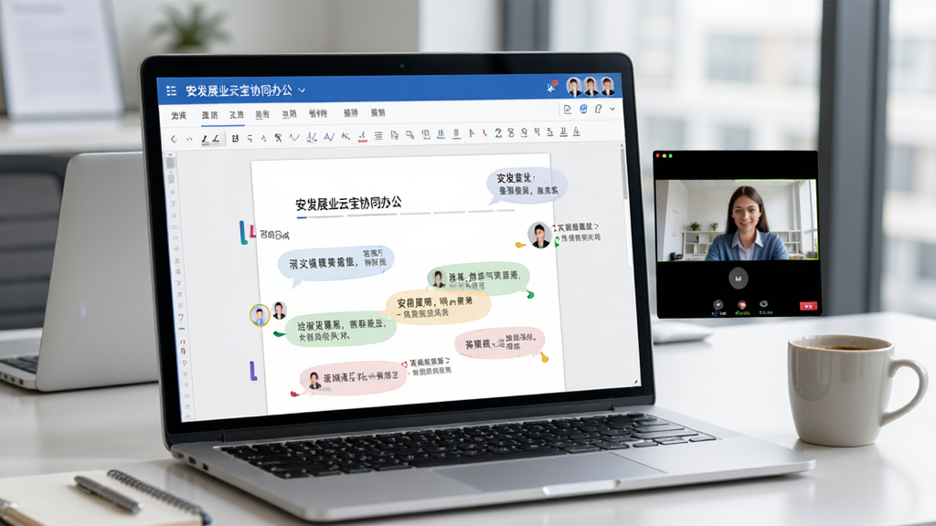 主体为安发展业云宝协同办公界面,展示多人同时编辑一份文档的画面,屏幕上有不同颜色的光标和批注气泡,右侧有视频会议小窗口,背景为现代办公桌,摆放笔记本电脑和咖啡杯,布局为分屏设计,排版清爽,风格写实,细节包括文档工具栏和头像标识,画质高清,干净无多余元素。