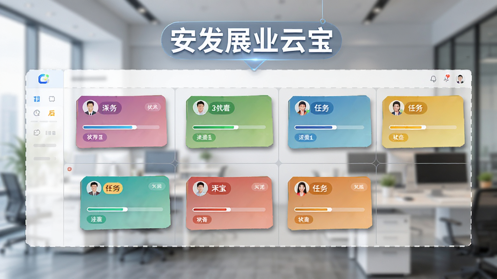 主体为安发展业云宝的智能项目看板界面,展示多个彩色任务卡片在泳道中排列,有进度条和头像标识,背景是模糊的办公室场景,上方悬浮着“安发展业云宝”文字标识,布局为横向看板结构,排版有序,风格为现代商务扁平化,细节包含卡片阴影和状态标签,画质清晰,干净无多余元素。