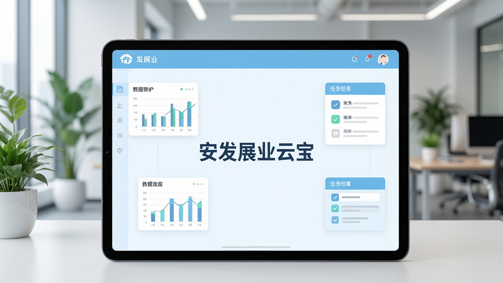 画面主体为安发展业云宝软件界面在平板电脑上的展示效果,界面以浅蓝色和白色为主色调,中央显示“安发展业云宝”品牌字样,周围环绕简洁的数据图表与任务列表图标,背景为现代化的办公室环境,有绿植点缀,整体布局干净整洁,排版清晰,采用扁平化设计风格,细节丰富,画质高清,干净无多余元素。