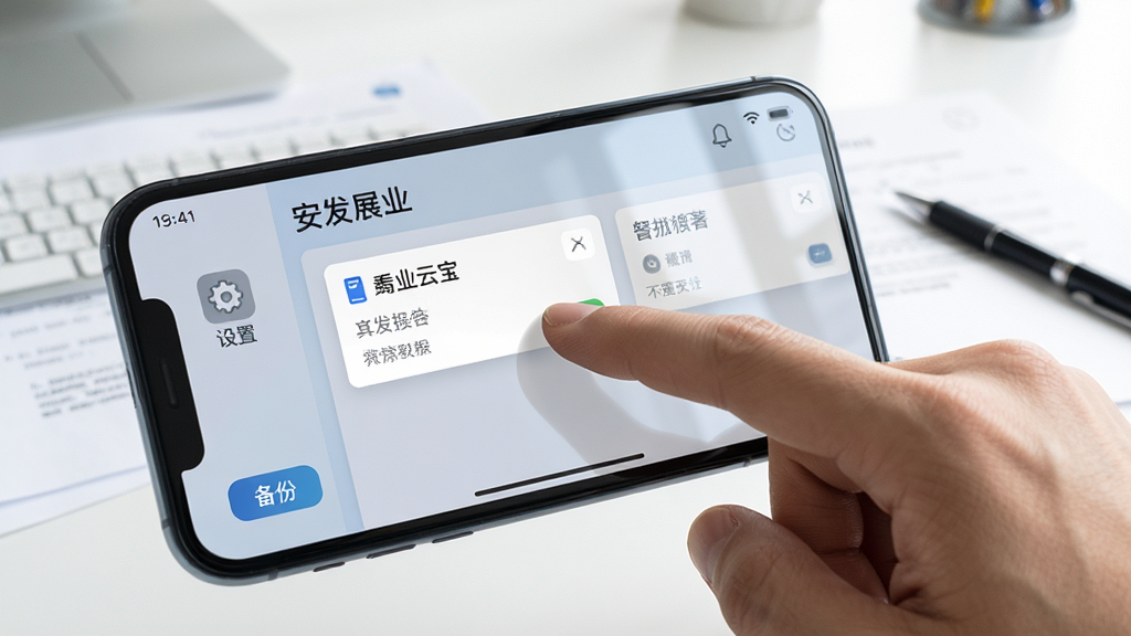 主体为一部智能手机横屏显示安发展业云宝看板界面,手指正在拖拽任务卡片,屏幕上有“设置”图标和“备份”按钮,背景为明亮的办公桌,有纸张和笔,布局为手部操作特写,排版自然,风格写实,细节包括屏幕反射光效,画质清晰,干净无多余元素。