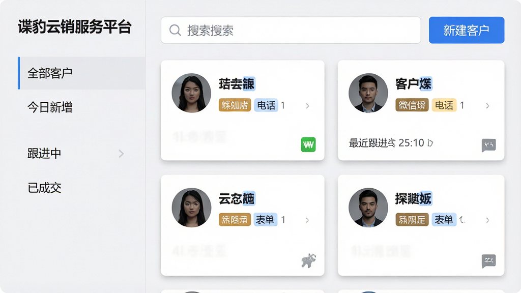 ���壺��������������ƽ̨���ͻ�����ģ����档���֣��������Ϊ��ȫ���ͻ����������������������С����ѳɽ��������б����Ҳ��Կ�Ƭ��ʽչʾ�ͻ�ͷ�����ơ��ȼ���ǩ���������ʱ�䣬�������������С��½��ͻ�����ɫ��ť���Ű棺��Ƭ�����Ų�����Ϣ�㼶�������ص��ֶ�����ɫ�Ӵ֡������ˬ����磬����ǳ�ң���Ƭ��ɫ��ϸ΢��Ӱ��ϸ�ڣ���Ƭ���½���Сͼ���ʾ�ͻ���Դ��΢��/�绰/�����������ʣ�����ϸ�壬�ɾ����޶���Ԫ�ء�