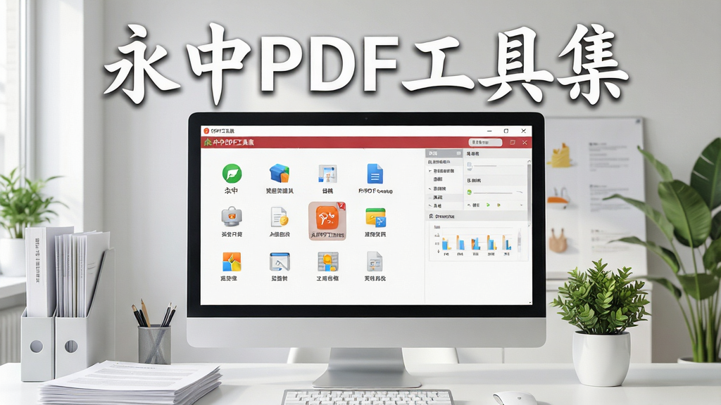 一幅展示永中PDF工具集主界面的现代办公室场景,电脑屏幕清晰显示软件图标和功能面板,周围有纸质文件与绿色植物点缀,整体明亮简洁,软件名称“永中PDF工具集”以白色艺术字置于界面顶部,画质高清,干净无多余元素