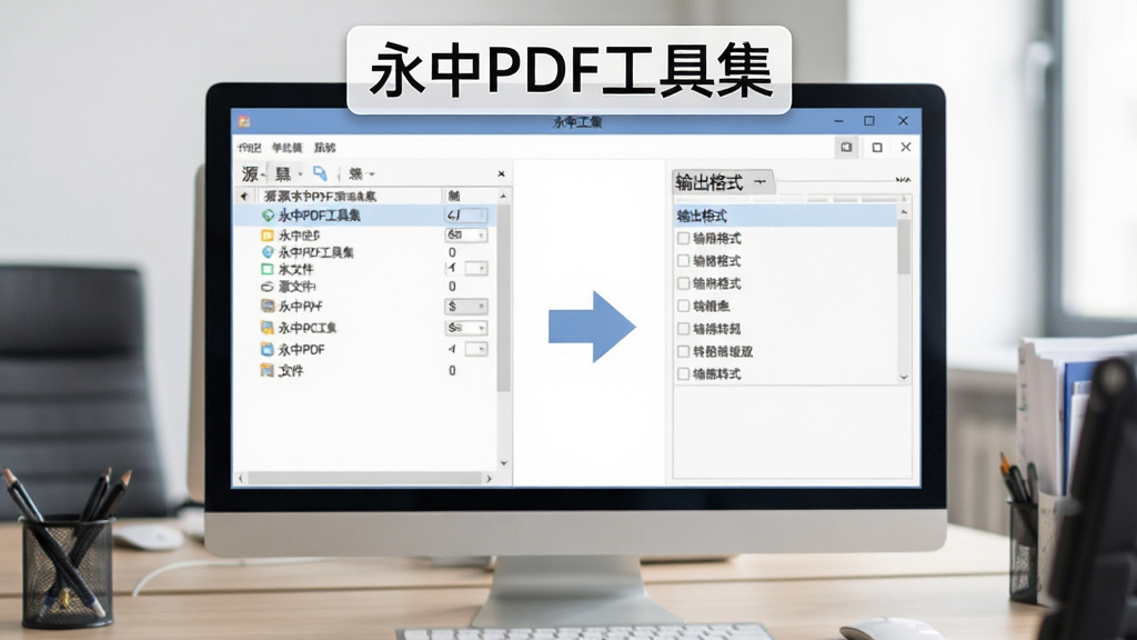 电脑屏幕显示永中PDF工具集格式转换界面,左侧源文件列表右侧输出格式选项,箭头动画示意转换过程,背景为办公桌面,软件名称“永中PDF工具集”悬浮在窗口上方,画面简洁高清,干净无多余元素