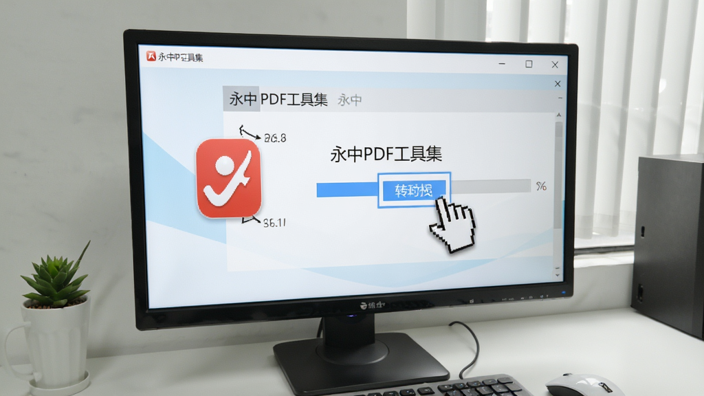 电脑桌面永中PDF工具集图标与操作界面实拍,鼠标悬停在转换按钮上,屏幕显示进度条,周围环境整洁,软件名称“永中PDF工具集”清晰可见,画质高清干净