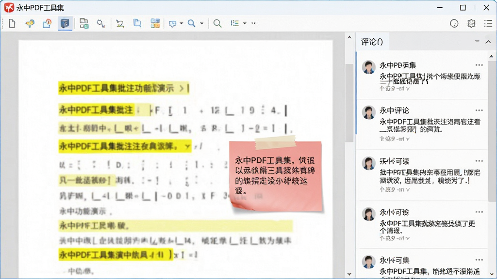 永中PDF工具集批注功能演示,PDF文档页面上有黄色高亮和红色便签,右侧评论栏显示多条讨论,界面友好,软件名称“永中PDF工具集”显示在工具栏,画面清爽干净