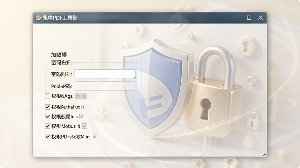永中PDF工具集加密设置界面,显示密码输入框和权限勾选列表,背景有盾牌图标与锁形装饰,光线柔和,软件名称“永中PDF工具集”在弹窗标题栏显示,画质干净利落