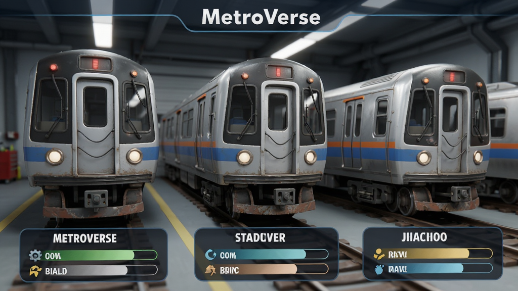 主体:MetroVerse中的列车展示界面。布局:多款列车并排展示,背景是车库。排版:每列车下方标注名称与属性条。风格:写实与卡通结合,细节丰富。细节:列车车身反光,车轮有磨损痕迹。画质:高精度建模,干净无多余元素。