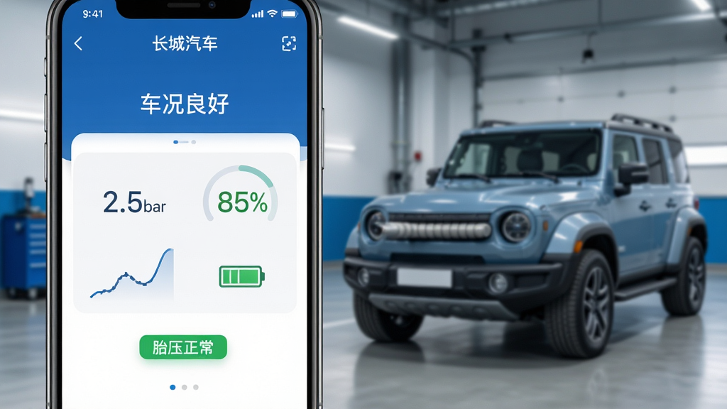 主体:手机竖屏界面显示“长城汽车”车辆状态页面,包含胎压数值和电池图标,背景为车库内一辆坦克300;布局:手机占画面左侧2/3,车辆虚化在右侧作为陪衬;排版:界面图表清晰,胎压2.5bar,电量85%;风格:简洁科技风、蓝白配色;细节:页面顶部有“车况良好”字样,下方有“胎压正常”绿色标识;画质:超清、干净、无多余元素