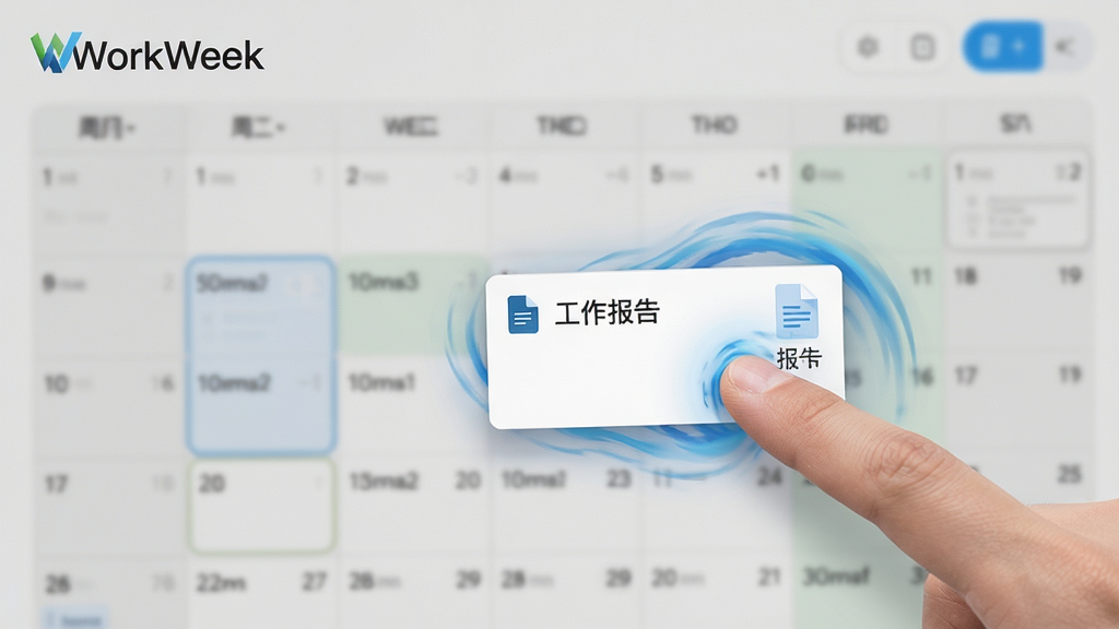 WorkWeek 任务拖拽操作演示,手指将“工作报告”任务卡片拖拽到周五位置,界面显示动态效果,背景为模糊的周视图,“WorkWeek”logo置于左上角,高画质,干净无多余元素