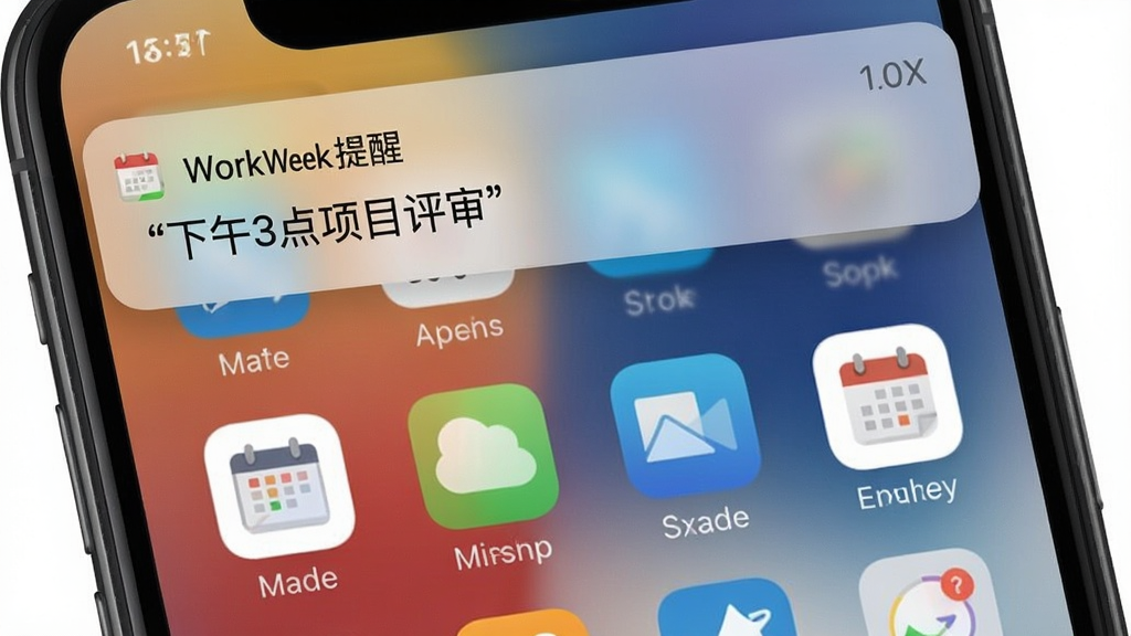 WorkWeek 提醒通知示意图,手机通知栏显示WorkWeek提醒消息“下午3点项目评审”,背景为手机桌面,应用图标清晰可见,画质干净,无多余元素