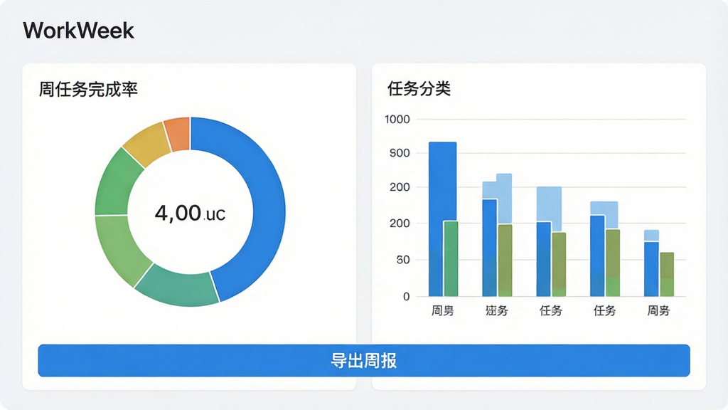 WorkWeek 数据统计页面,展示周任务完成率环形图、任务分类柱状图,下方有“导出周报”按钮,界面为浅色背景,干净整洁,标注“WorkWeek”品牌名,高画质,无多余元素