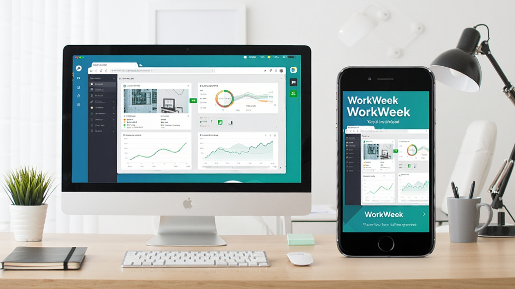 WorkWeek 使用指南示意图,电脑和手机并排显示,屏幕上展示WorkWeek界面,背景为办公桌,干净整齐,画质高,无多余元素