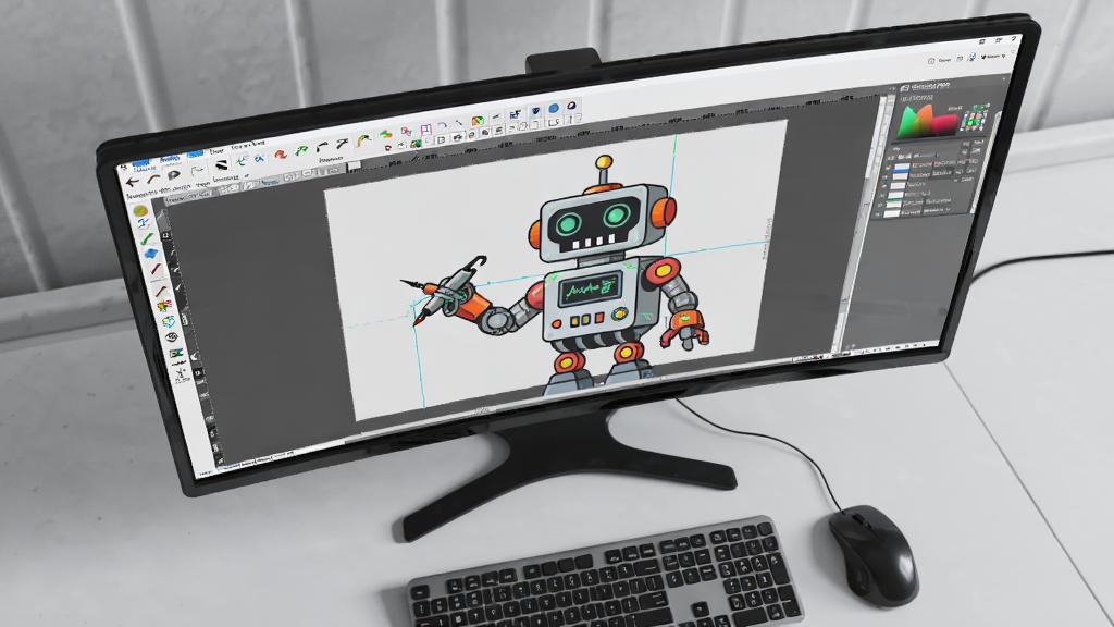 ����Ϊһ�ſ���������ʾ������Ļ����ʾ��Inkscape�������棬��������һ�����ڻ��ƵĻ�����ʸ��ͼ�Ρ�����Ϊ�����ӽǣ���ʾ��ǰ��һ�����߼��̺���ꡣ���Ϊ�ִ��������泡����ϸ������Ļ���������ɼ���������͡����ʸ��壬�ɾ����޶���Ԫ�ء�