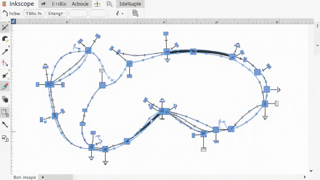 ����ΪInkscape������������Ŵ�ͼ����ʾһ������·�����ڱ��༭������ڵ���ʾΪ��ɫС���飬�����з�������ֱ������־۽���·���༭����������������Ϊ���е�״����İ�ɫ�����Ϊ������ͼ�������չʾ�ڵ����ֱ��Ľ���״̬��ϸ���ϱ���������ƽ�������������������ɾ����޶���Ԫ�ء�