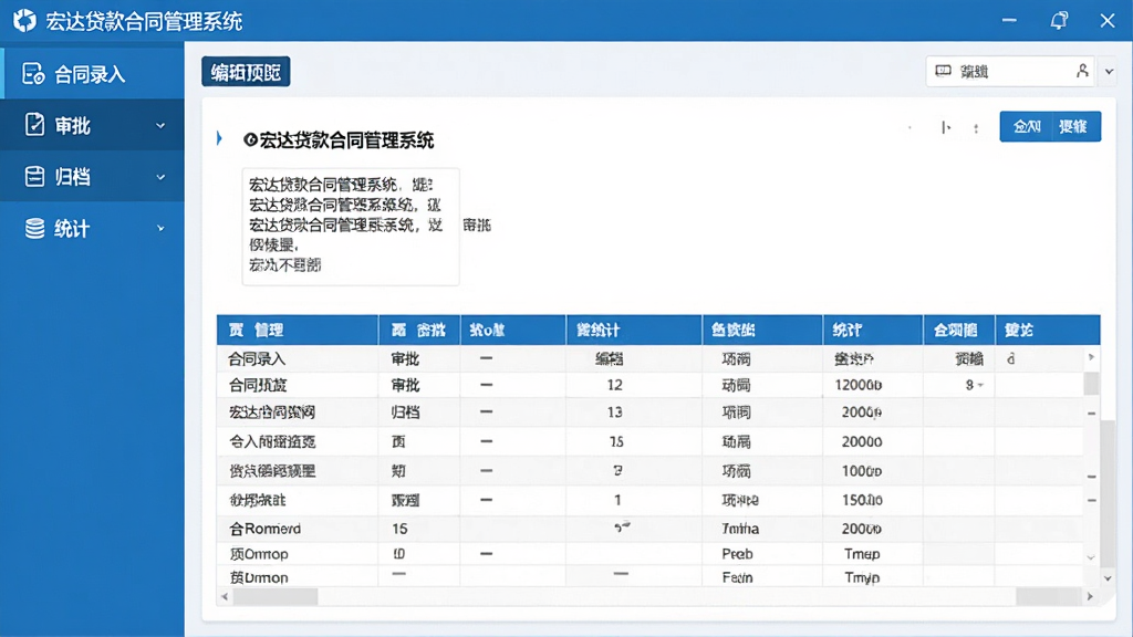 图片展示宏达贷款合同管理系统主界面,左侧功能导航栏清晰列出合同录入、审批、归档、统计等模块,中央区域为合同预览与编辑区,界面采用蓝色商务风格,布局规整,数据表格排列有序,整体画面干净明亮,无多余元素,高清画质,软件名称“宏达贷款合同管理系统”显示在顶部标题栏。