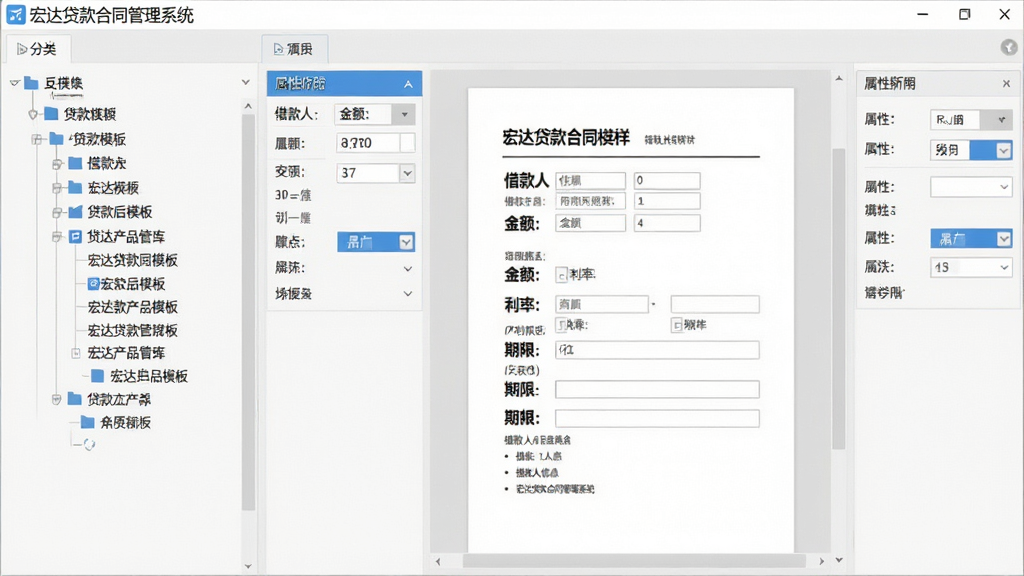 图片展示软件内合同模板库界面,左侧分类树状结构显示不同贷款产品模板,右侧预览窗格展示标准合同样式,包含借款人信息、金额、利率、期限等字段,周围有属性设置面板,界面简洁,浅灰底色搭配蓝色高亮,高清画质,干净无杂物,软件名称“宏达贷款合同管理系统”出现在界面左上角。