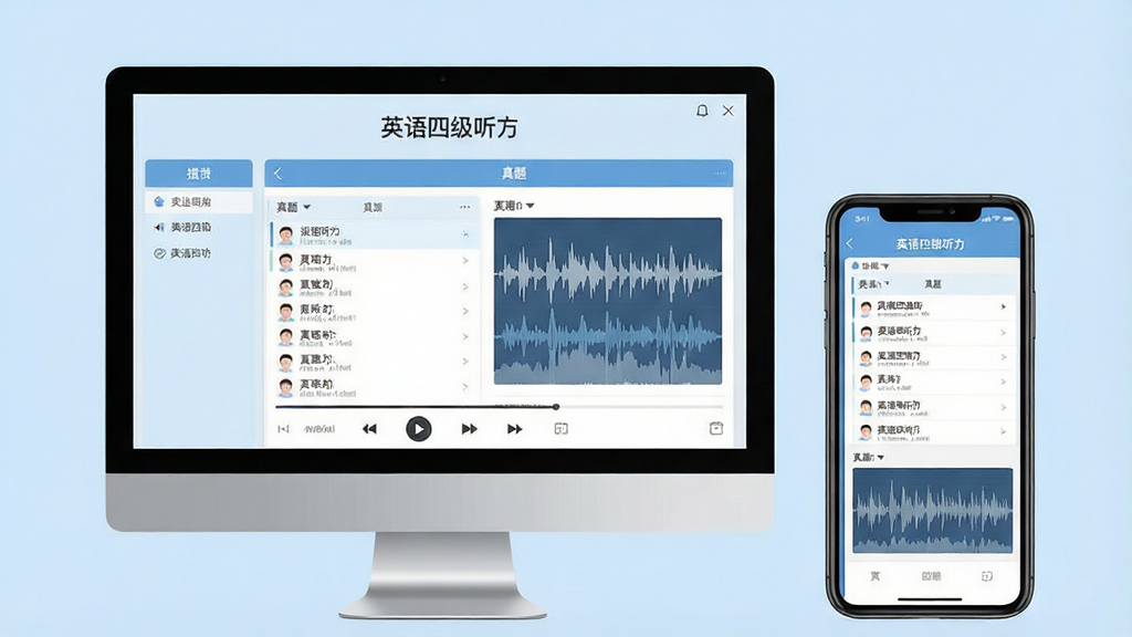 一张现代简约风格的教育软件界面预览图,电脑屏幕和手机屏幕上显示英语四级听力软件界面,界面包含播放控制条、真题列表、波形图,背景是浅蓝色调,干净无多余元素,文字标注“英语四级听力”,画质清晰,排版整齐,突出专业与专注。