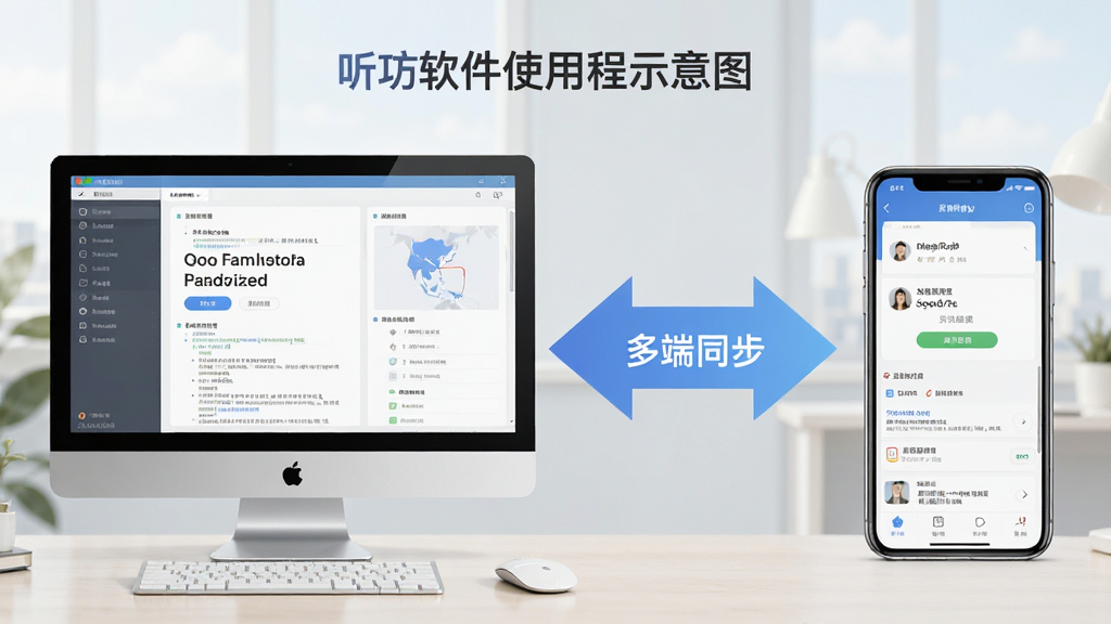 英语四级听力软件使用教程示意图,电脑端和手机端同时展示学习进度同步功能,画面分为左右两部分,左侧为电脑界面,右侧为手机界面,中间有双向箭头连接,背景简洁,文字标注“多端同步”,画质清晰,构图平衡。