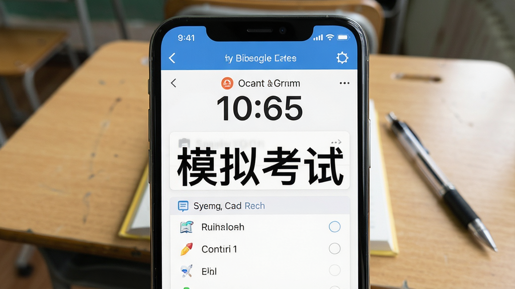 英语四级听力软件模拟考功能截图,手机界面显示考试倒计时和答题卡,背景为课桌和笔,构图居中,风格写实清晰,文字标注“模拟考试”,画质干净。