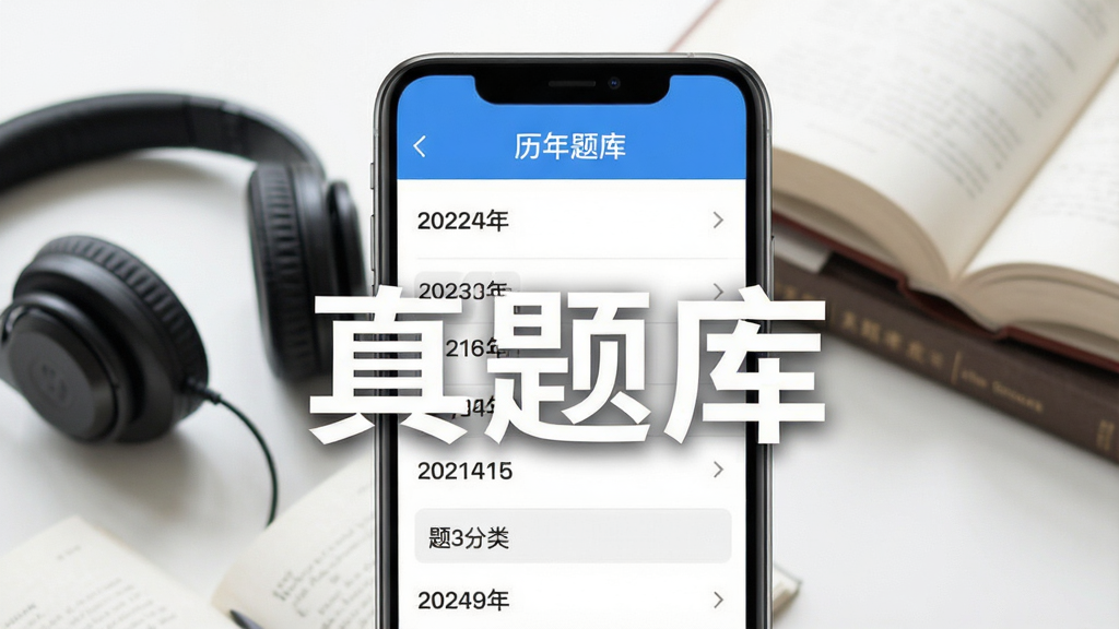 软件功能展示图,手机上英语四级听力应用展示历年真题列表,每条列表标注年份和题型分类,背景有耳机和书本元素,整体构图清晰,画质干净,无多余元素,文字标注“真题库”。