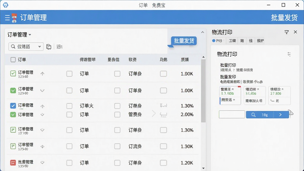店铺宝软件免费版电脑端操作界面,显示订单列表与物流打印页面,界面清晰,文字标注“订单管理”“批量发货”,整体干净整洁,无多余元素