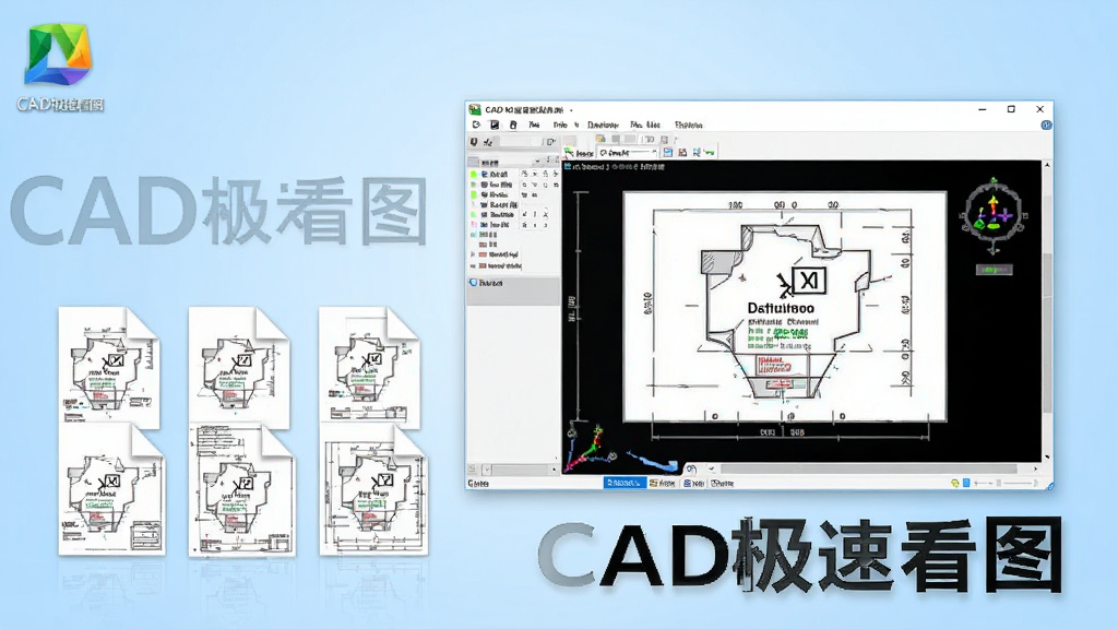 CAD极速看图软件格式兼容展示,桌面图标旁摆放多张不同格式的图纸文件缩略图,软件主界面打开一个DXF文件,显示完整图形,背景有淡蓝色渐变,文字标注“CAD极速看图”,画质高清,无多余元素