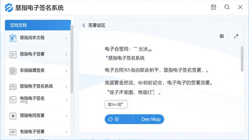 慧指电子签名系统主界面截图,展示电子合同签署流程,界面简洁明了,左侧为文档列表,右侧为签署区域,带有“慧指电子签名系统”logo,整体色调为蓝色与白色,商务风格,高清,干净,无多余元素