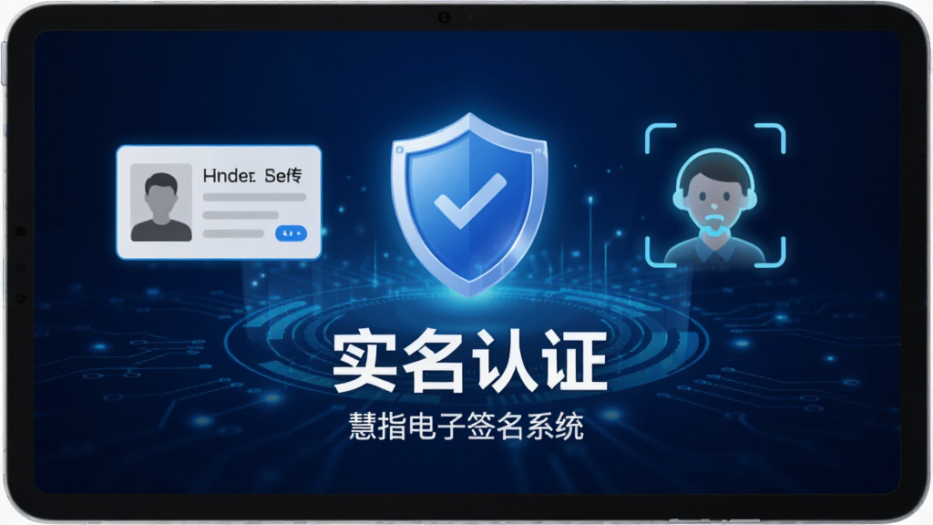 慧指电子签名系统实名认证界面,包含身份证上传框与人脸识别动画图标,背景为蓝色科技感光效,画面中央有盾牌图标,代表安全可靠,文字清晰标明“实名认证”与“慧指电子签名系统”,干净整洁