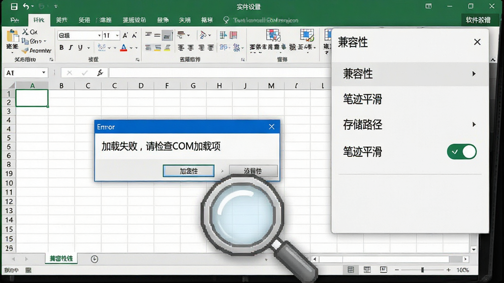 主体:电脑屏幕显示Excel软件界面,正在弹出错误提示框,旁边是软件设置菜单。布局:左侧为Excel工作区,右侧悬浮设置面板,前景有一个放大镜图标。排版:设置面板展示“兼容性”、“笔迹平滑”、“存储路径”等选项。风格:实用教程风格,界面清晰,提示框明显。细节:错误提示框内容为“加载失败,请检查COM加载项”,设置面板中“笔迹平滑”开关处于开启状态。画质:高清,无多余元素。